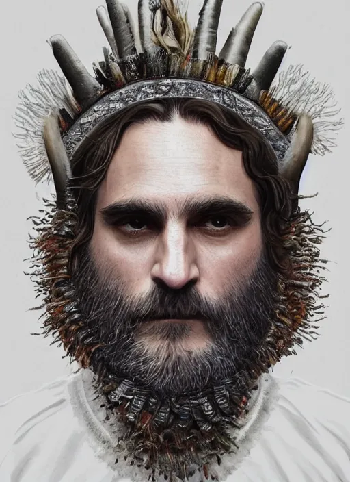 Prompt: a hyper detailed portrait of joaquin phoenix with a crown made of animals, cow horns, pig nose, sheep wool, chicken feather armor, horror, by anna podedworna, by miklos ligeti, by diego maricato, by taran fiddler, by antonino truisi, by chris reddie, by jinsung lim, trending on artstation