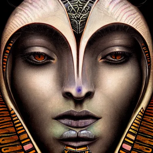 Image similar to beautiful closeup portrait of an art deco shaman, glowing eyes. reflective detailed textures, moth wings, highly detailed dark fantasy science fiction painting by tom bagshaw and michael whelan and diego rivera and annie swynnerton and jean delville, elaborate geometric ornament, ancient runes, silver and cool colors. artstation