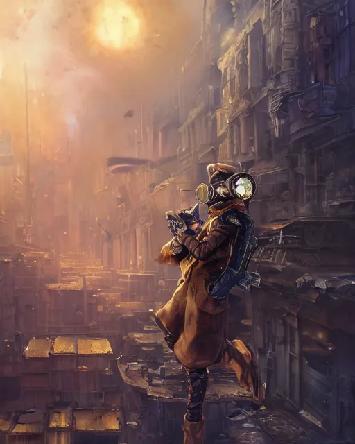 Prompt: oil painting of Anthropomorphized Owl Sniper, holding steampunk gun, sharp focus, exploding golden steampunk city background, full body, heroic pose, fantasy style, octane render, volumetric lighting, 8k high definition, by greg rutkowski, highly detailed, trending on art Station, magic the gathering artwork, centered, dramatic artwork, combat scene