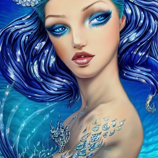 Image similar to an ultra perfect portrait of a fantastic mermaid with an ultra perfect and ultra detailed wild face with beautiful, ultra detailed wild blue eyes a fantastic crown of diamons and a diamond dust glitter and sparkles tail, swimming in a beautiful blue ocean
