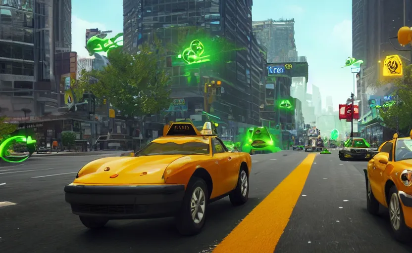 Image similar to ps 4 game about a frog driving a taxi, unreal 4 screenshot,