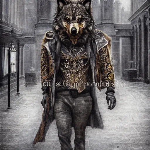 Prompt: terrifying ware wolf walking through the center of old london city, oil painting, gloomy misty atmosphere, symmetrical, full body image, highly ornate intricate details, very sharp photo,