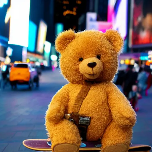 Image similar to a teddy bear riding a skateboard in times square at night