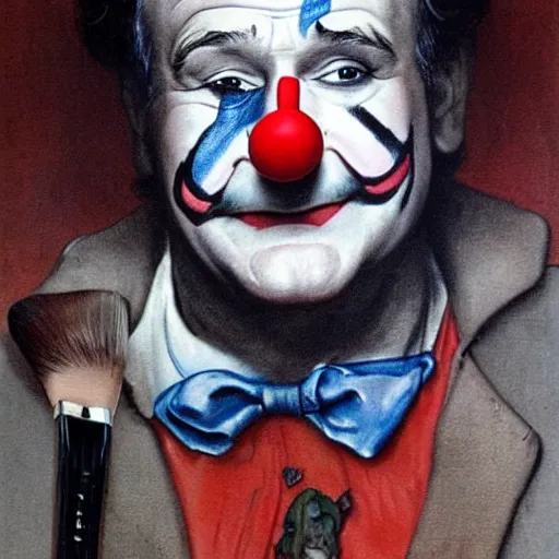 Image similar to Robin Williams wearing clown make up, white face red nose. painted by Norman Rockwell