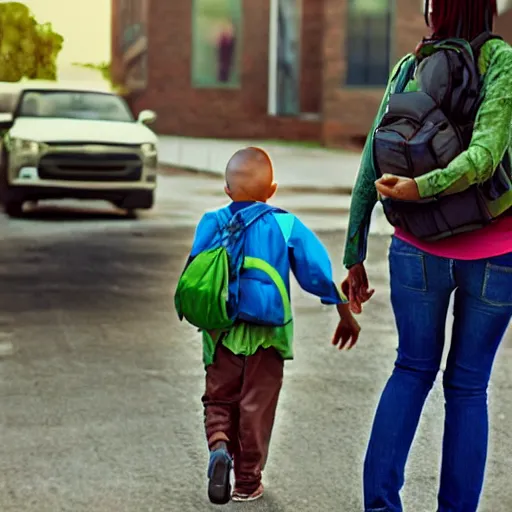 Image similar to mother taking her son to the school in a solarpunk city