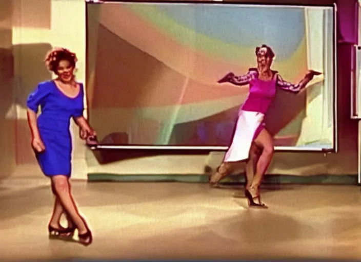 Prompt: Funny TV show in 90s. Color VHS footage. A woman dancing on the stage in the TV studio.