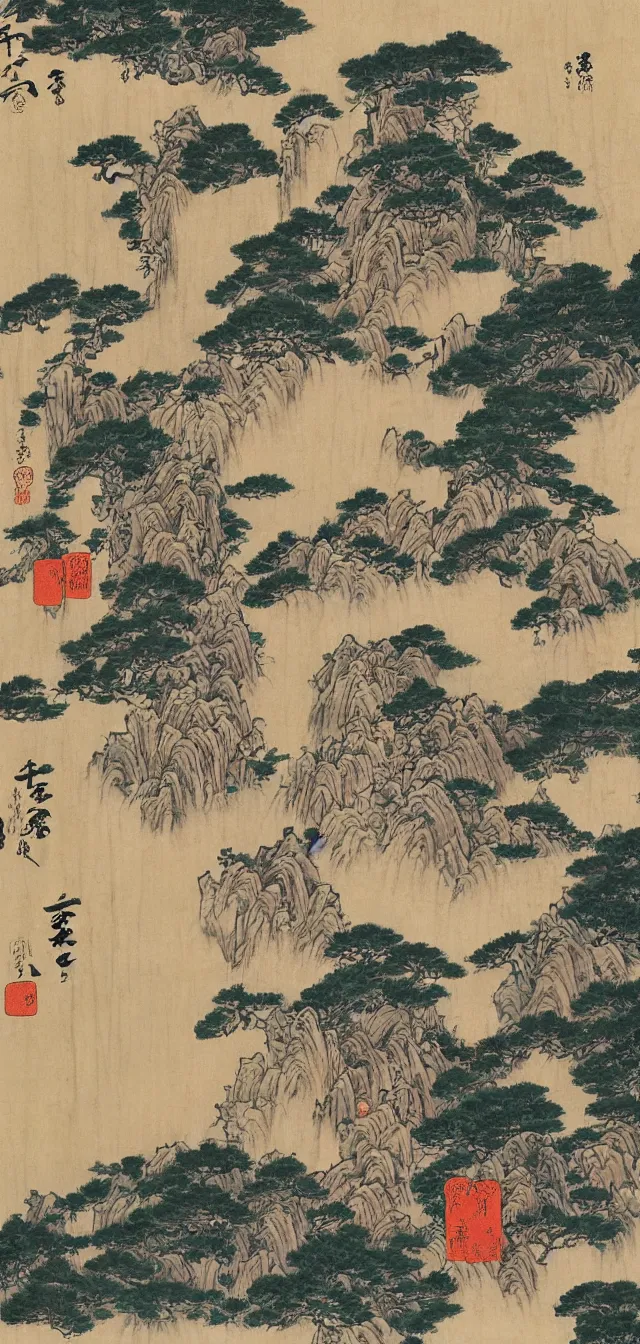 Prompt: taoist monks and temples in huangshan, artwork by hokusai and hiroshige, painted on old parchment