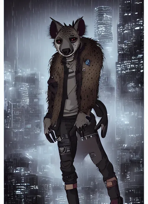 Image similar to character portrait of a male anthro hyena fursona with a tail and a cute beautiful attractive detailed furry face wearing stylish cyberpunk clothes in a cyberpunk city at night while it rains. color page, tankoban, 4K, tone mapping. By Rukis. comic book style