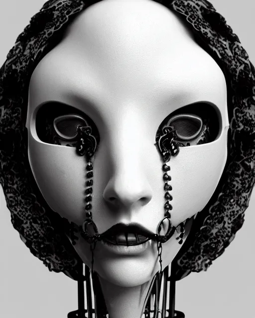 Image similar to black and white dreamy foggy smoky profile face portrait, one silver steampunk realistic eye biomechanical beautiful young female cyclope - cyborg - robot bust, body ribs meshes,, volumetric light, hibiscus flowers, by hg giger, rim light, by dora maar and cecile beaton, big gothic fashion pearl embroidered collar, 8 k