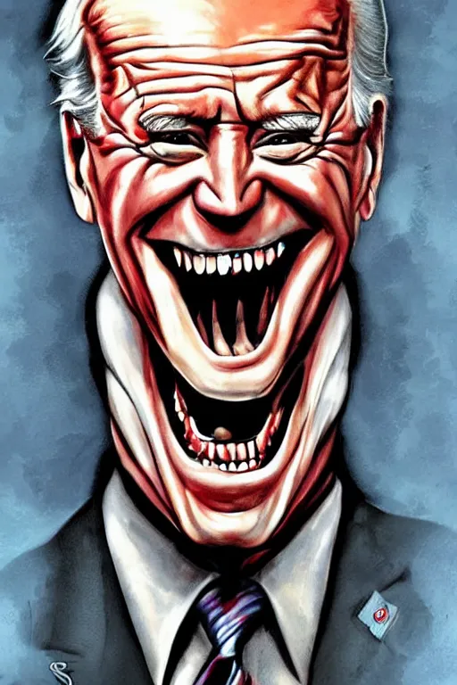 Prompt: joe biden evil grin, horror, terrifying artwork, monster, artwork by stephen gammel, illustration