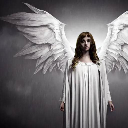 Prompt: An angel shrouded in darkness stands before the gates of hell