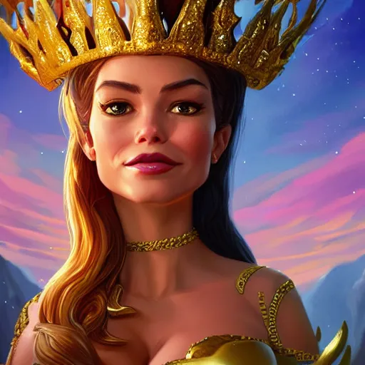 Prompt: Portrait of Sofia Vergara as the Golden Queen wearing a majestic crown, luxurious scene, mattepainting concept Blizzard pixar maya engine on stylized background splash comics global illumination lighting artstation lois van baarle, ilya kuvshinov, rossdraws