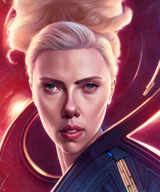 Prompt: Scarlett Johansson is the captain of the starship Enterprise in the new Star Trek movie, art nouveau,elegant, highly detailed, sharp focus, art by Artgerm and Greg Rutkowski