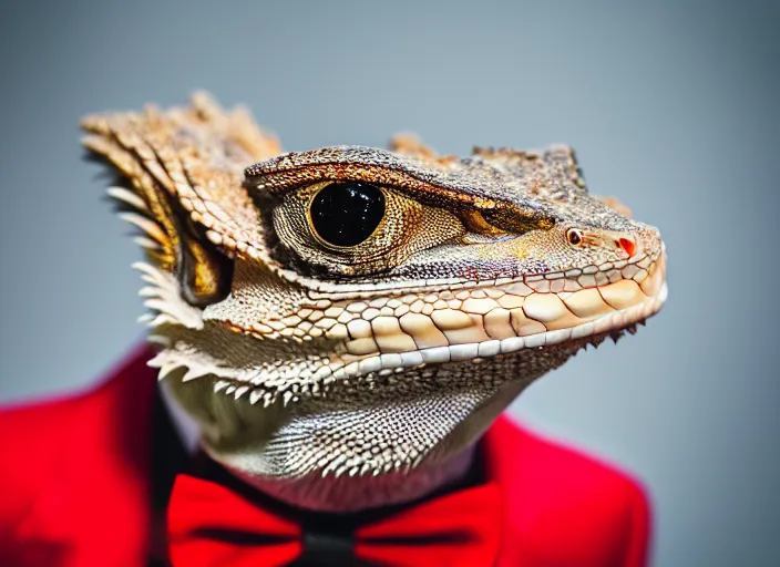 Prompt: dslr portrait still of a bearded dragon wearing a top hat glasses and a red bowtie, 8 k 8 5 mm f 1. 4