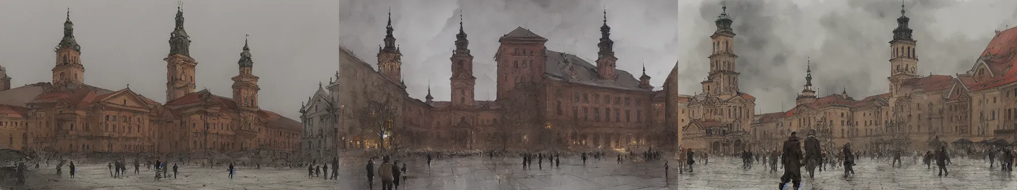 Prompt: Vilnius town hall square, lithuania, papyrus, watercolored, jakub rozalski, dishonored, artstation