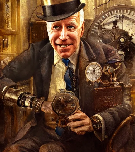 Image similar to portrait of steampunk joe biden cosplaying, by wlop, by simon stalengrad, by ilya repin, bioshock screenshot, photorealistic fan art, detailed shading, intricate abstract, realism
