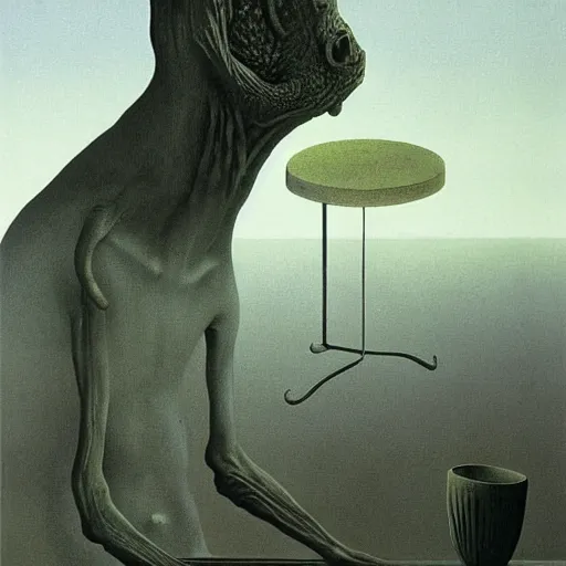 Image similar to a strange creature sits at a table, by Zdzisław Beksiński