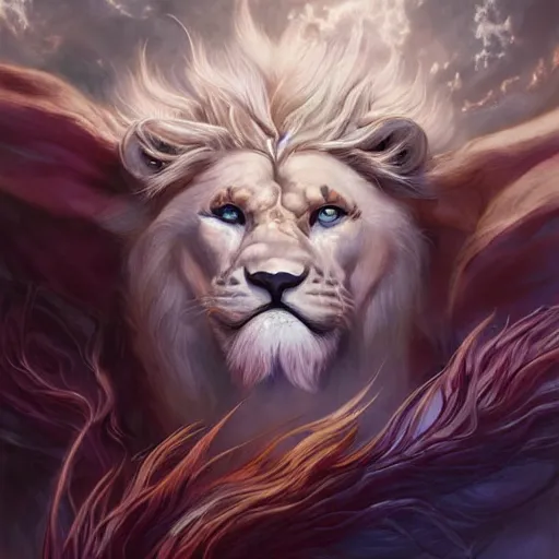 Prompt: aesthetic portrait commission of a albino muscular and attractive anthro lion as a greek god overlord with mane fur turning into cosmic smoke in the clouds, fantasy art, hyperdetailed. Character design by charlie bowater, ross tran, artgerm, and makoto shinkai, detailed, inked, western comic book art, 2021 award winning painting