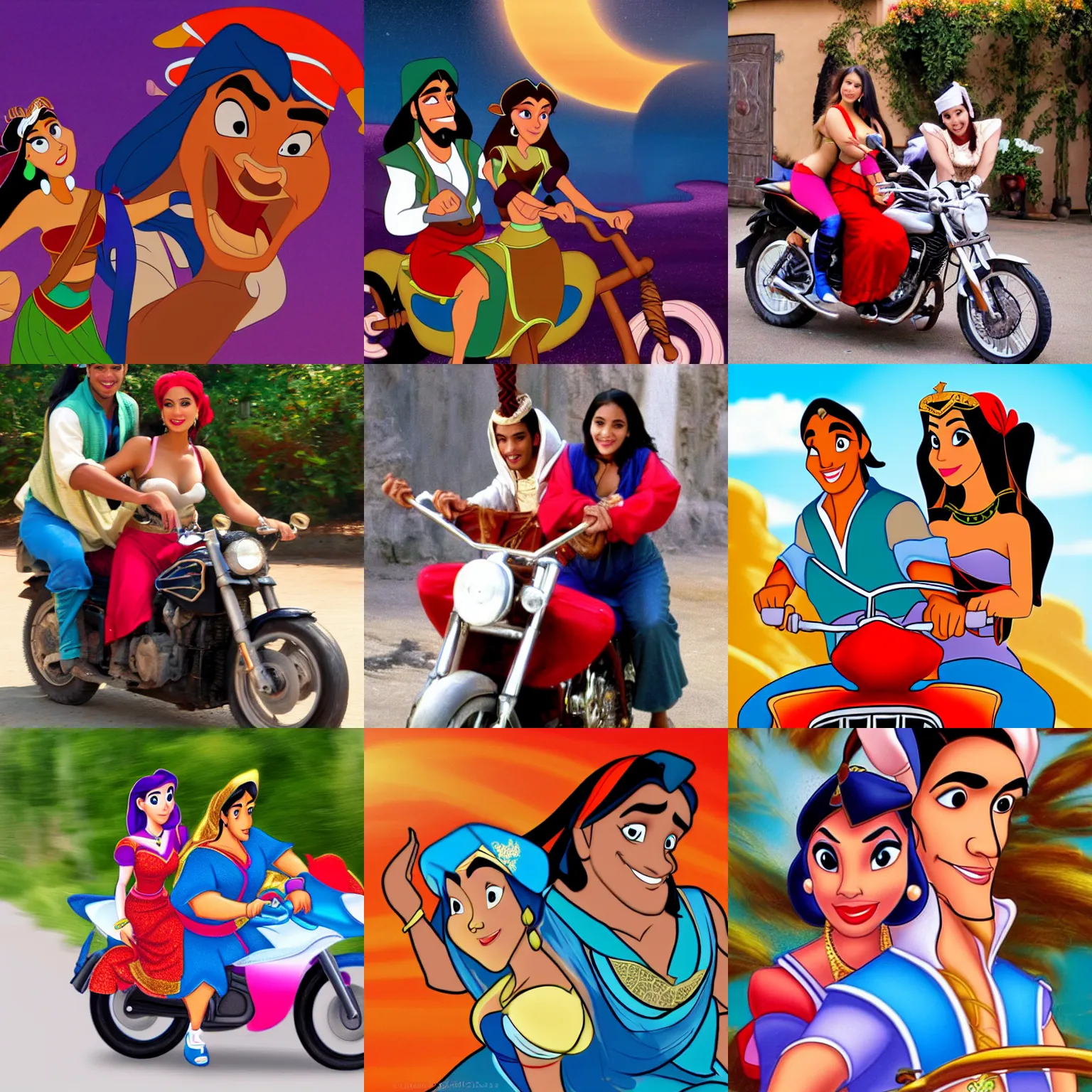 Prompt: Jasmine and Aladdin riding on a motorbike