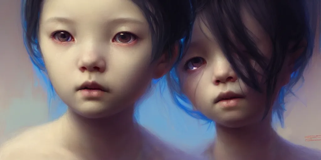 Prompt: portrait of a big eyed, blue short haired beautiful little girl looking sad to the camera with sad eyes, extremely detailed digital painting, in the style of fenghua zhong and ruan jia and jeremy lipking and peter mohrbacher, mystical colors, rim light, beautiful lighting, 8 k, stunning scene, raytracing, octane, trending on artstation