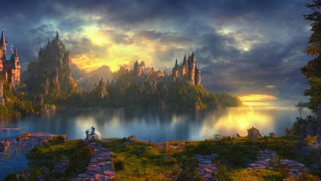 Prompt: fantasy castle with lake in sunset, fantasy artwork, very very very beautiful scenery, hd, hdr, ue5, ue6, unreal engine 5, cinematic 4k wallpaper, 8k, ultra detailed, high resolution, artstation, award winning