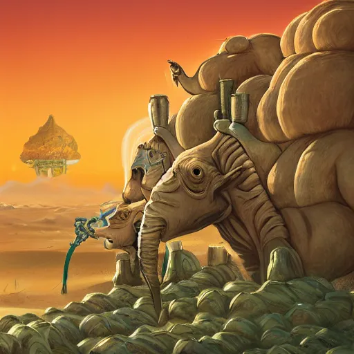 Image similar to several stoner merchants in robes with integrated bong gas mask appliances, trucking bales of herbs across an alien desert with camel-like creatures in tow. Album art by Arik Roper