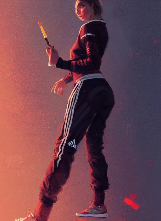 Image similar to russian slav heroine wearing an addidas tracksuit squatting with whiskey in one hand and a cigarette in the other hand. by greg rutkowski and wlop, detailed, cinematic, artstation, 8 k, intricate, rule of thirds.