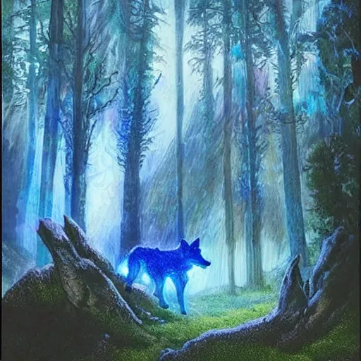 Image similar to humanoid wolf in an enchanted forest with a blue hue and blue fireflie and a waterfall in the distance that magically glows blue, insanely detailed