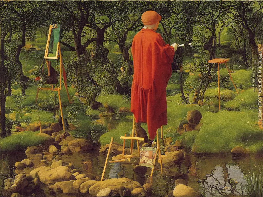 Image similar to Portrait of an artist painting at his easel knee deep in a river. Humanoid rocks, coral-like pebbles, spring orchard in bloom. Painting by Jan van Eyck, Georges de la Tour, Rene Magritte, Jean Delville, Max Ernst