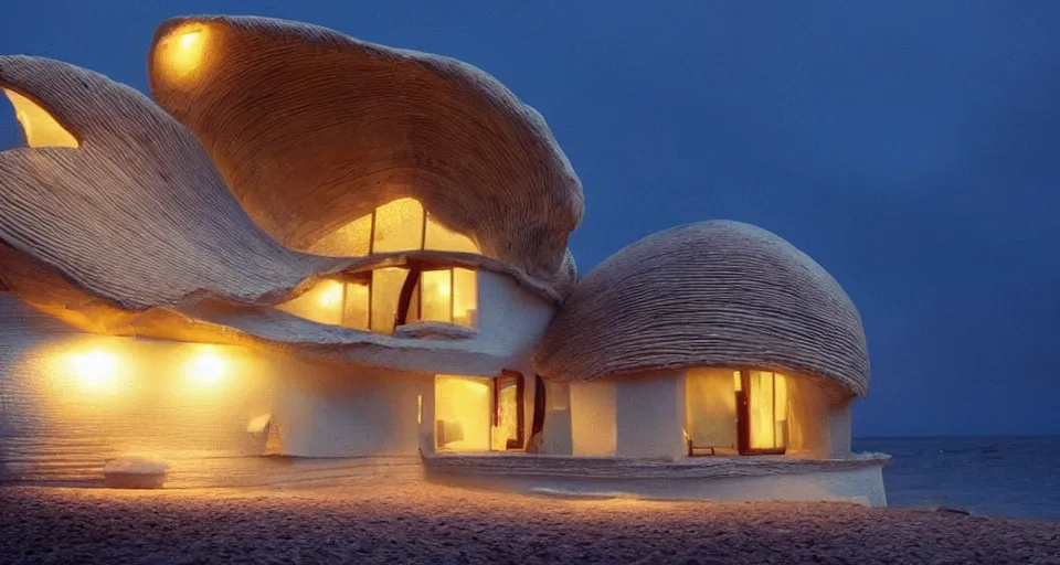 Image similar to seashell house, atmospheric cinematography