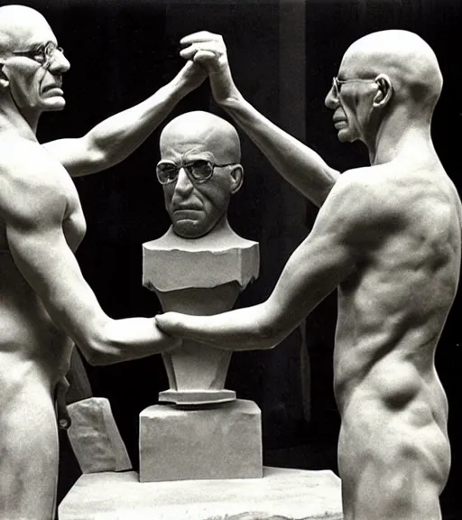 Image similar to full body, sigmund freud wrestling with michel foucault, sculpture by auguste rodin