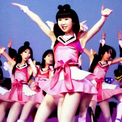 Prompt: publicity photo of 1 9 8 0 s beautiful japanese pop - idol chisato moritaka cosplaying as sailor moon, doing a heroic battle pose in the style of sailor moon, onstage at her concert in front of backup dancers.