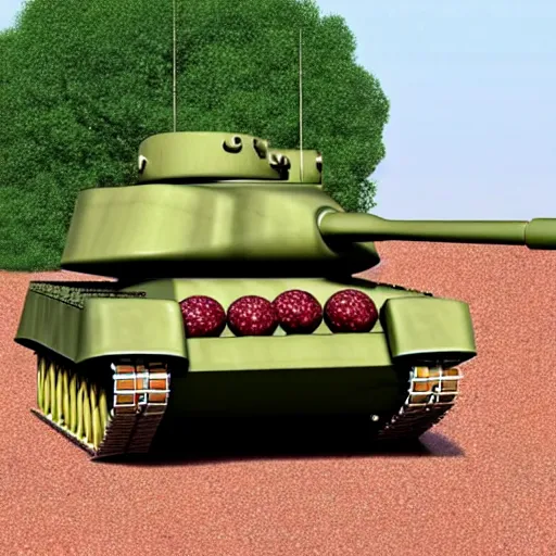 Image similar to a tank with meatballs instead of wheels