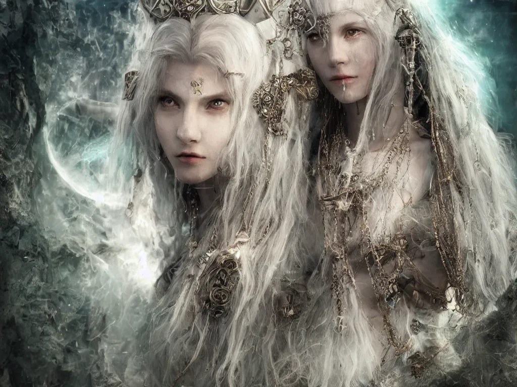 Image similar to !dream solarpunk white wolf high priest realistic, cinematic style, filmed in 70mm , divine realm of gods, angelic face, volumetric lighting, octane render, ethereal, super fine details, intricate jewelry, photographic, concept art, artist Leonardo DaVinci, unreal engine, 8k,