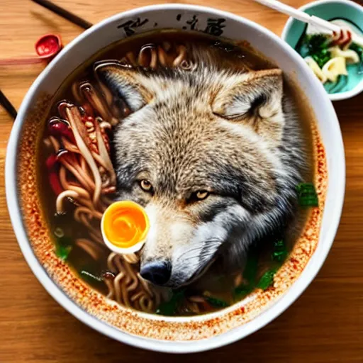 Image similar to photo of a wolf eating ramen