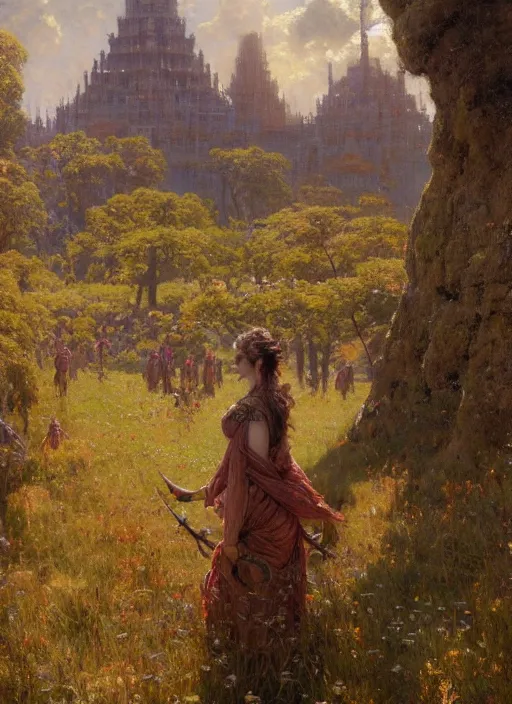 Image similar to giant castle temple megastructure in meadow by gaston bussiere, anna nikonova aka newmilky, greg rutkowski, yoji shinkawa, yoshitaka amano, moebius, donato giancola, geoffroy thoorens, trending on artstation, pixiv, cinematic composition, 8 k