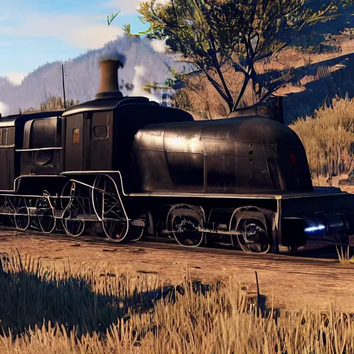 Image similar to futuristic sleek steam locomotive in red dead redemption 2