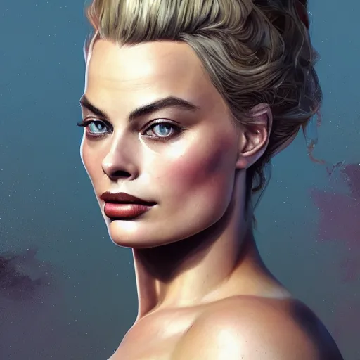 Image similar to Margot Robbie, intricate, highly detailed, digital painting, artstation, concept art, smooth, sharp focus, illustration, gta v cover art, Unreal Engine 5, 8K, art by artgerm and greg rutkowski and alphonse mucha