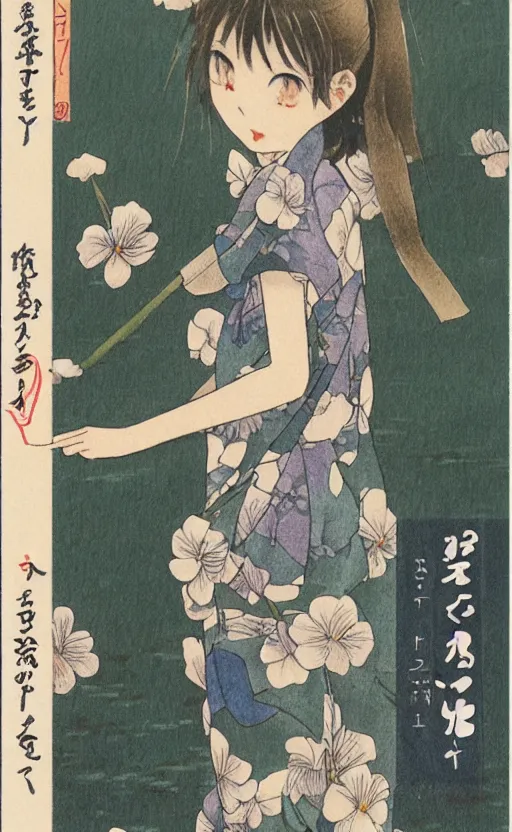 Prompt: by akio watanabe, manga art, a girl walking on wooden lake bridge and iris flowers, trading card front, kimono, realistic anatomy