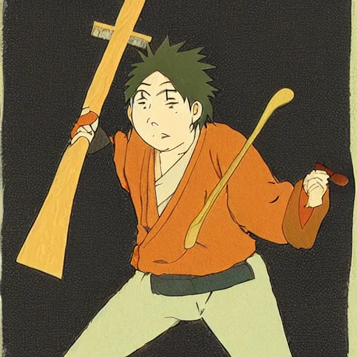 Prompt: portrait of a drunken man wielding an axe by hayao miyazaki