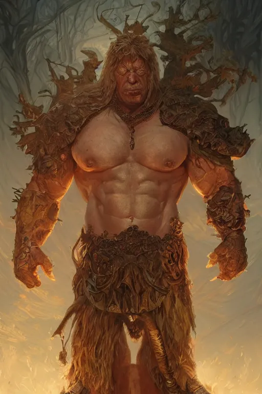 Prompt: portrait of boris jhonson as a hulking herculean demon, forest, godlike, full body, fantasy, intricate, elegant, highly detailed, digital painting, artstation, concept art, sharp focus, illustration, art by artgerm and greg rutkowski and alphonse mucha