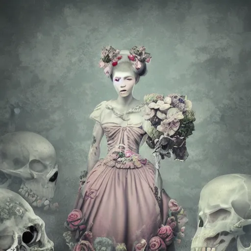 Image similar to 8k, octane render, realism, tonalism, renaissance, rococo, baroque, group of creepy young ladies wearing long harajuku manga dress with flowers and skulls, background chaotic flowers