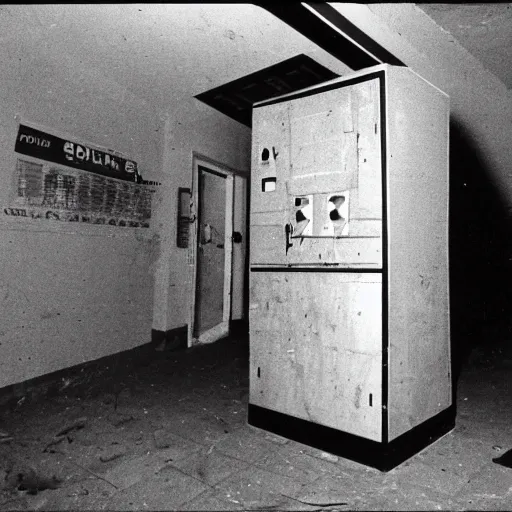 Image similar to cursed Photograph of an old number station playing an emergency warning, dust in the air, brown wood cabinets, SCP, taken using a film camera with 35mm expired film, bright camera flash enabled, award winning photograph, sleep paralysis demon crabwalking towards camera, creepy, liminal space, in the style of the movie Pulse