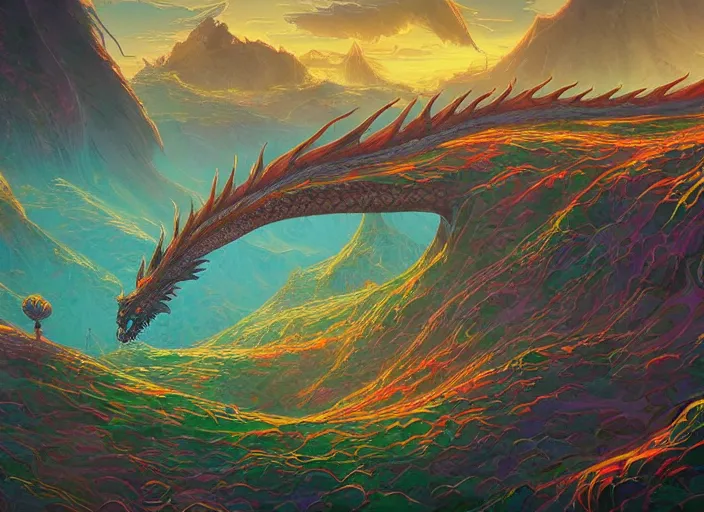 Image similar to psychedelic concept art of a dragon landscape made of thousands of spiraling dragons, cel shaded, in the style of makoto shinkai and moebius and peter mohrbacher and anton fadeev