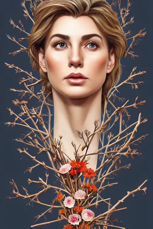 Image similar to symmetry!! full body portrait!!!! of a beautiful!!!! donald trump, pretty face, decorated with twigs and flowers, intricate, elegant, highly detailed, digital painting, artstation, concept art, smooth, sharp focus, illustration, art by artgerm and greg rutkowski and alphonse mucha, 8 k