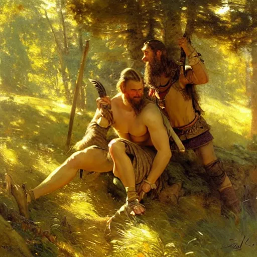 Image similar to 2 attractive male vikings frolicking in the forest. highly detailed painting by gaston bussiere, craig mullins, j. c. leyendecker, 8 k