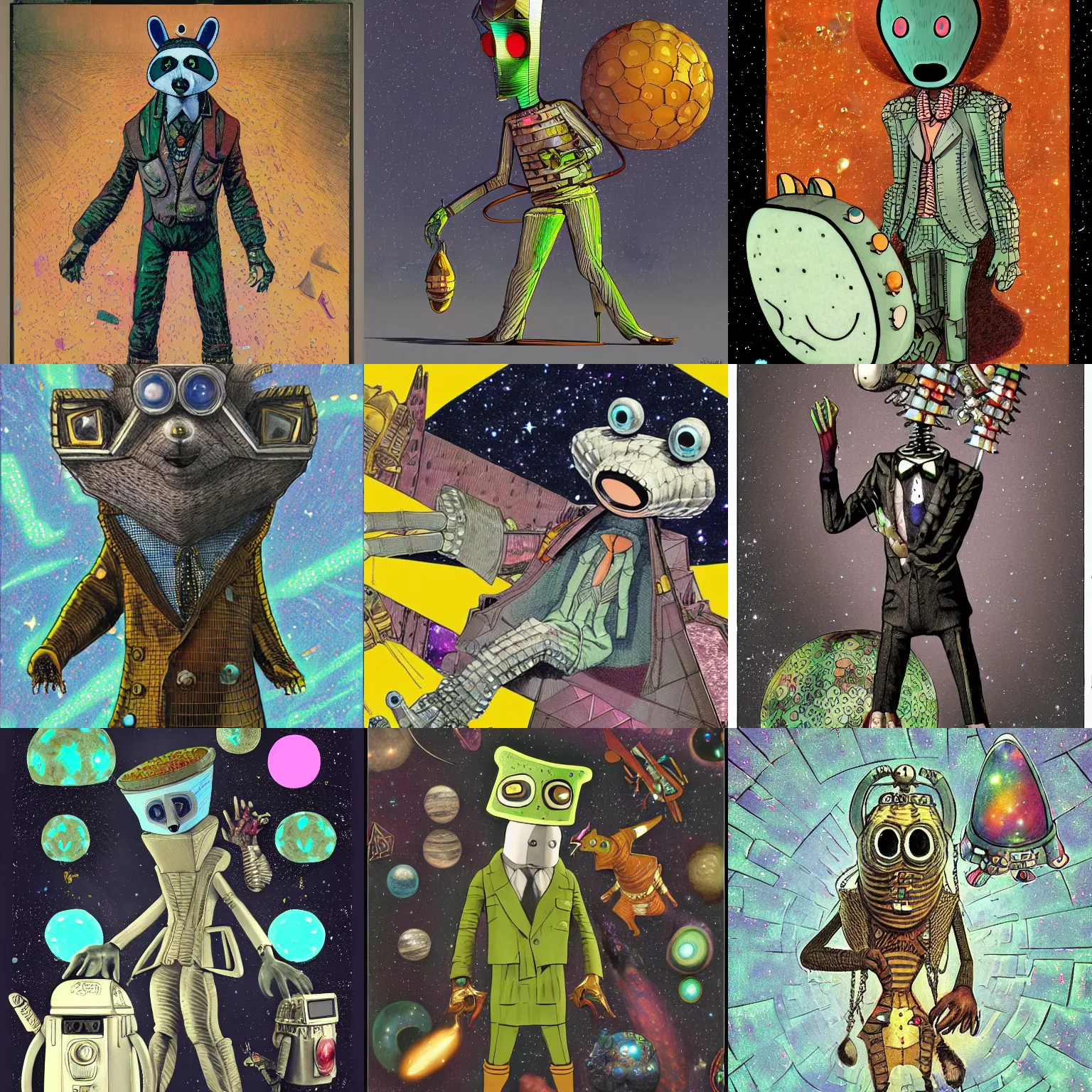 Prompt: a detailed 3 d render of a fashionable racoon extraterrestrial wearing decopunk armor pyramids and galaxies background by george grosz, by dave gibbons, by j. j. grandville, salad fingers, holography, 8 k