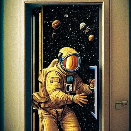 Prompt: photo - realism, space astronaut opening door that shows space and time created by leonardo davinci with extra detail, epic.