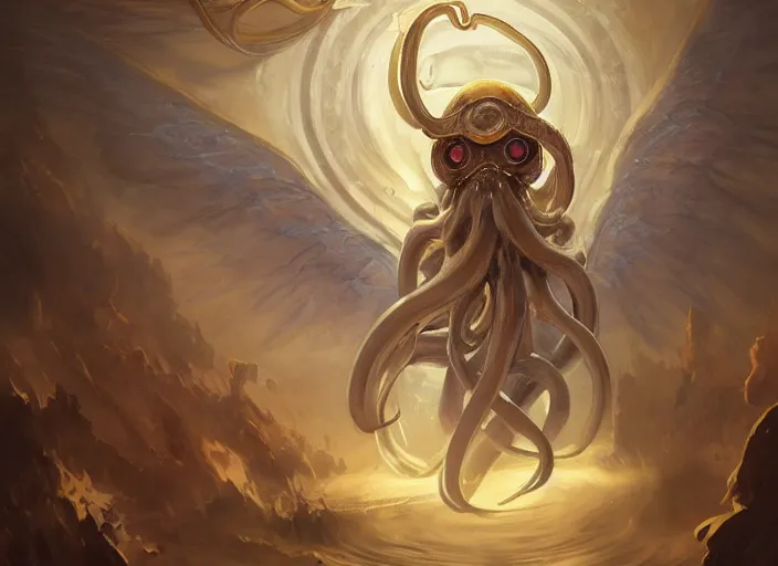 Prompt: a holy cephalopod with long powerful tentacles and a single large eye, wearing long white robe and great angelic wings, highly detailed, digital painting, artstation, concept art, matte, sharp focus, illustration, dramatic, sunset, hearthstone, art by artgerm and greg rutkowski and alphonse mucha