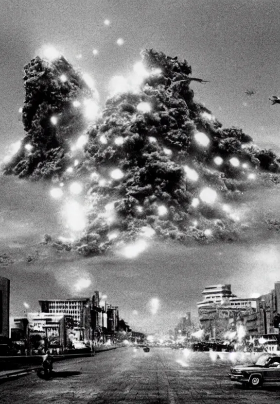 Image similar to Pulgasari the North Korean starfish monster destroying Pyongyang city, volumetric lighting, filmstill, produced by Kim Jong-il, Kodachrome, kaiju-eiga, monster movie, communist propaganda, film noir, 35mm film grain, Cooke Varotal 20-100mm T3.1, in the style of Ishirō Honda and Orson Welles